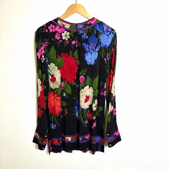 Vintage 80s 90s Leonard 100% silk jersey mikado Floral Women's Tunic Top sz L - Picture 3 of 12